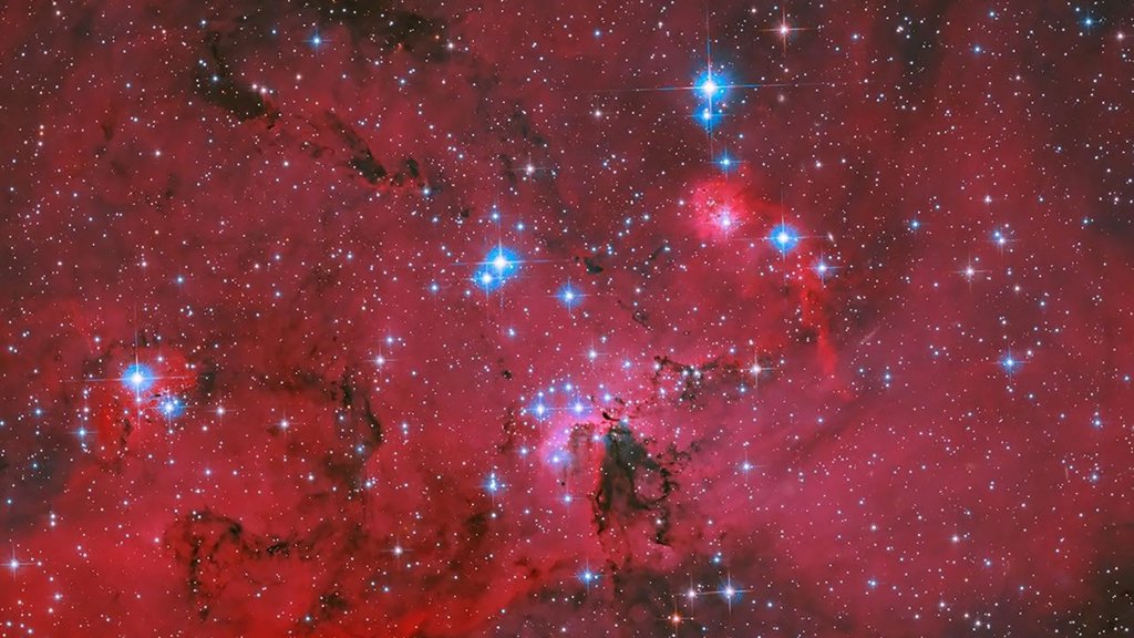 NASA's Hubble captures a crimson stellar nursery sparkling with blue and white stars | ScienceDaily