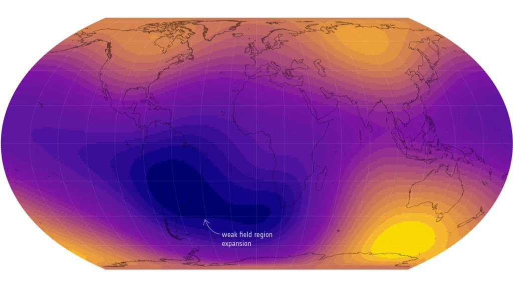 A giant weak spot in Earth’s magnetic field is now half the size of Europe | ScienceDaily